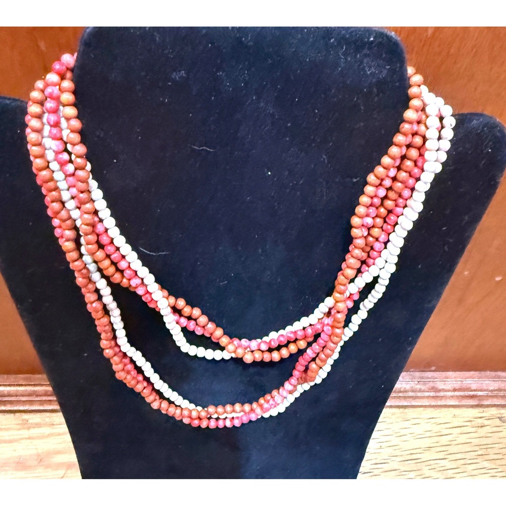 Boho Multi Strand Wood and Stone Bead Layered Necklace Red Cream Brown 17in